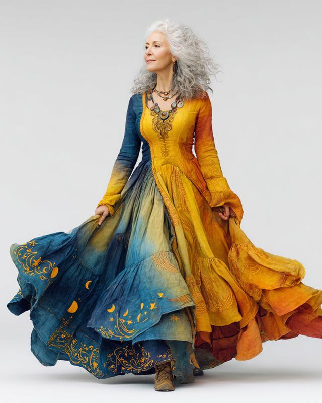 Women's Spring Retro Star and Moon Embroidery Rainbow Tie-Dyed Cotton Linen Dress 7036