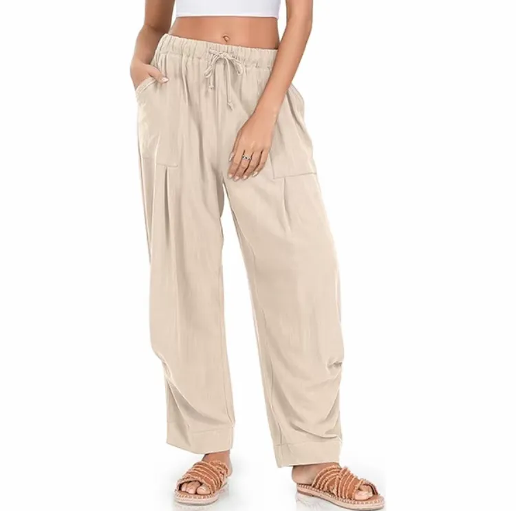 🧺 Women's Linen Harem Pants – Summer Drawstring Wide-Leg Lounge Trousers with Pockets