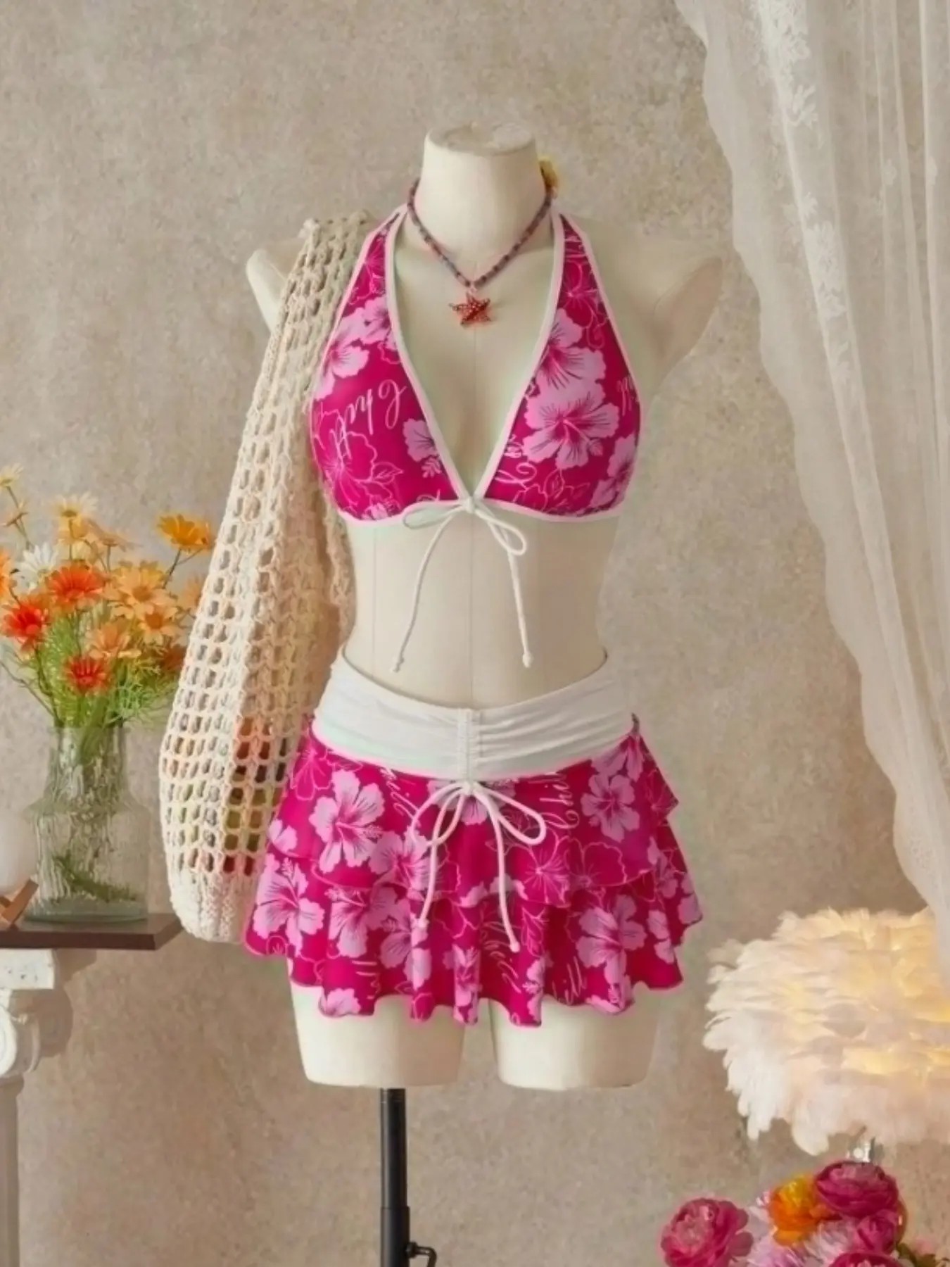 Women's Summer Beach Festival Print Halter Bikini Set