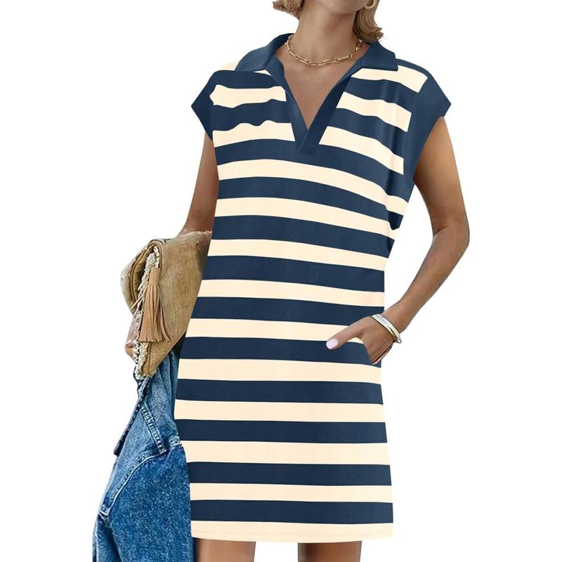 Women’s Striped Polo V-Neck Summer Dress – Sleeveless Loose Fit Midi T-Shirt Dress with Slit, Available in Long & Short Styles (Sizes S–5XL)