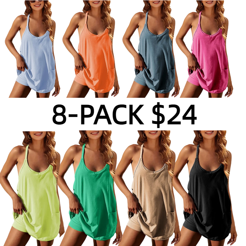 Women's Summer Sleeveless Mini Dress with Built-in Shorts V Neck Spaghetti Straps Athletic Shorts Tennis Dress with Pockets