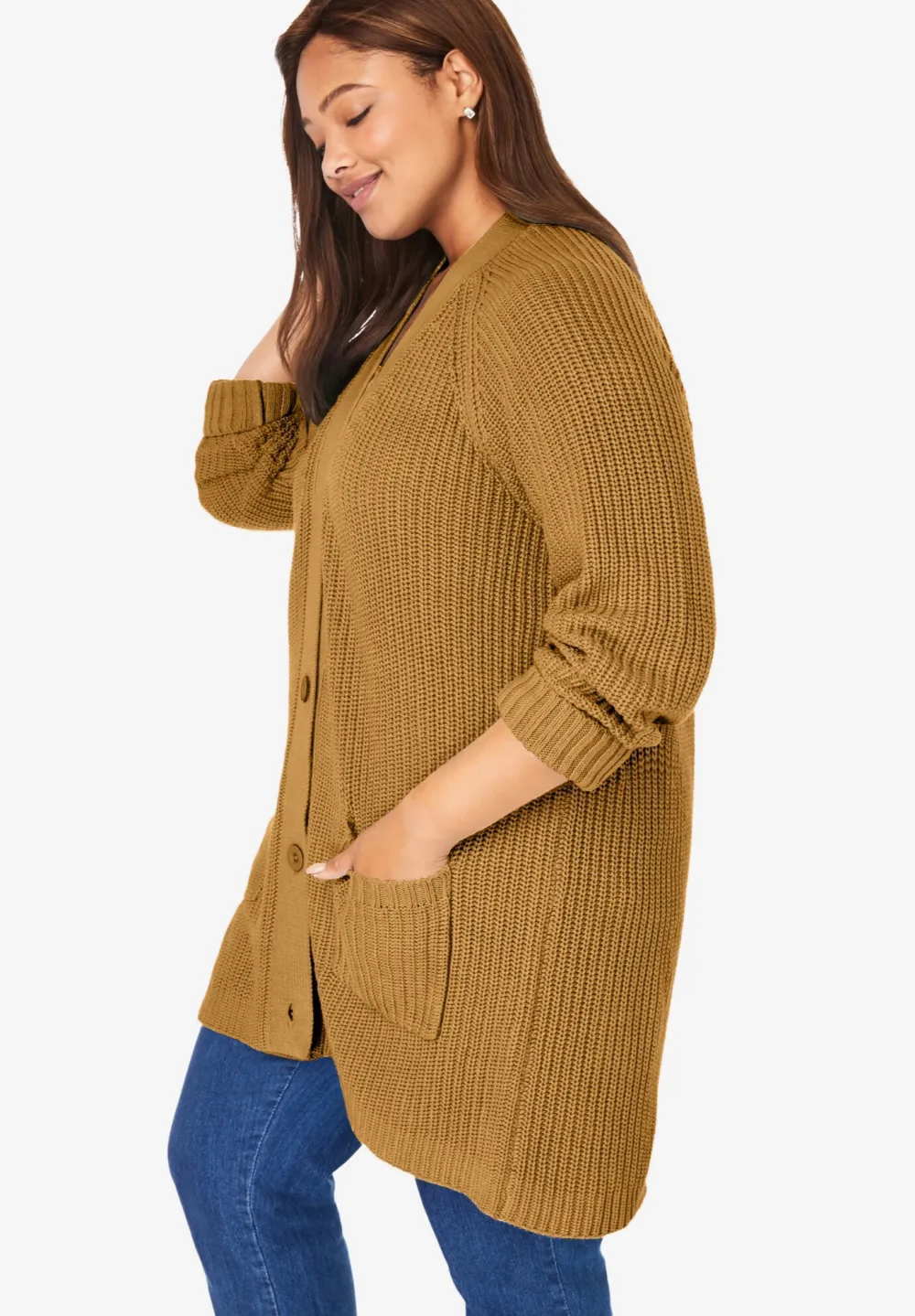 Button-Front Shaker Cardigan
