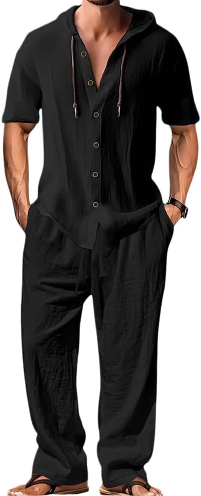 Men's Lightweight Hooded Two-Piece Set - Casual Vacation Loose Sweatshirt & Wide-Leg Pants for Summer