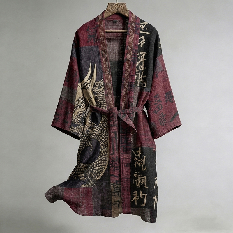 Japanese Calligraphy And Dragon Art Combined In A Linen Blend Kimono