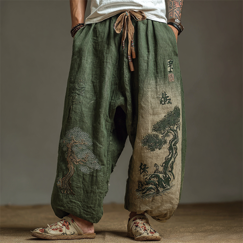 Men's Japanese Pine Trees Embroidered Bleached Wide Leg Linen Pants