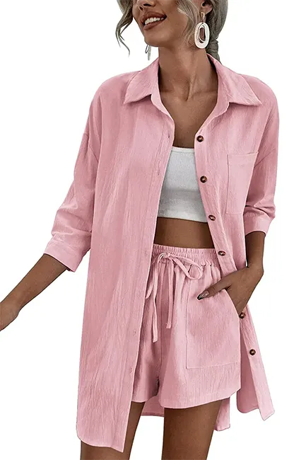 2025 Women's Linen 2-Piece Lounge Set – High-Low Shirt & Drawstring Shorts