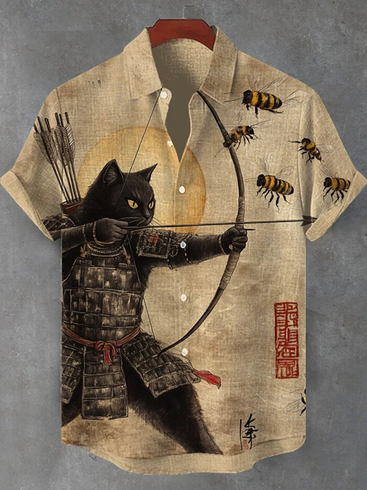 Men's Black Cat Tribal Warrior Japanese Kyudo Print Short Sleeve Shirt