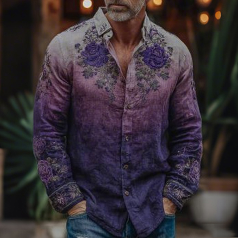 Men's Vintage Purple Flower Gradient Art Print Long Sleeve Shirt