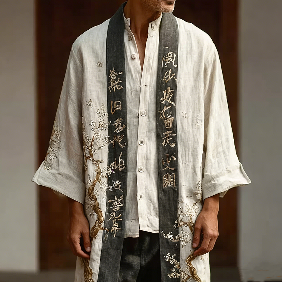 Men's White Cherry Blossom Pattern Casual Linen Long Kimono