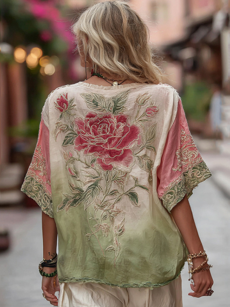 Love & Health Collection Classic Rose And Floral Art Linen V Neck Shirt