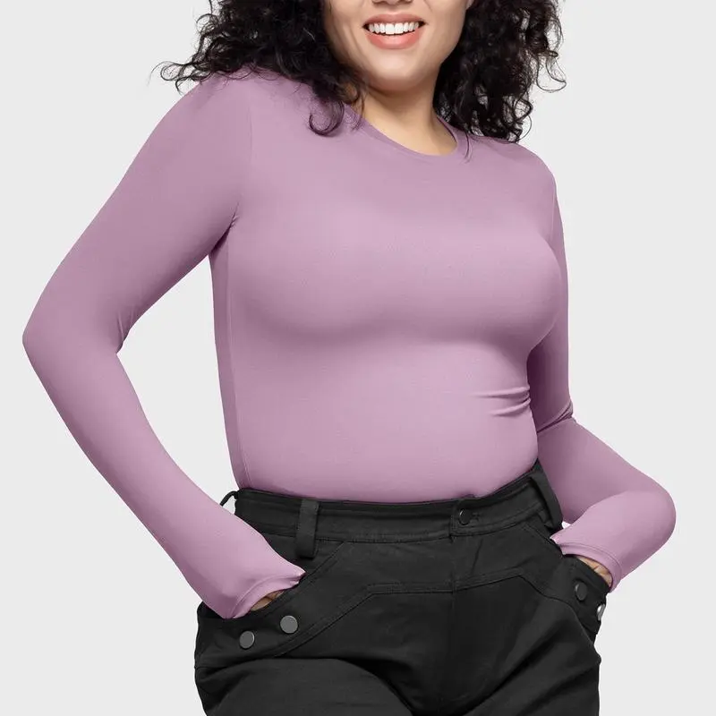 Long Sleeve Basic Tee Women's Crew Neck Slim Fit Tops Streetwear Minimalist Double Layer Compression Tee