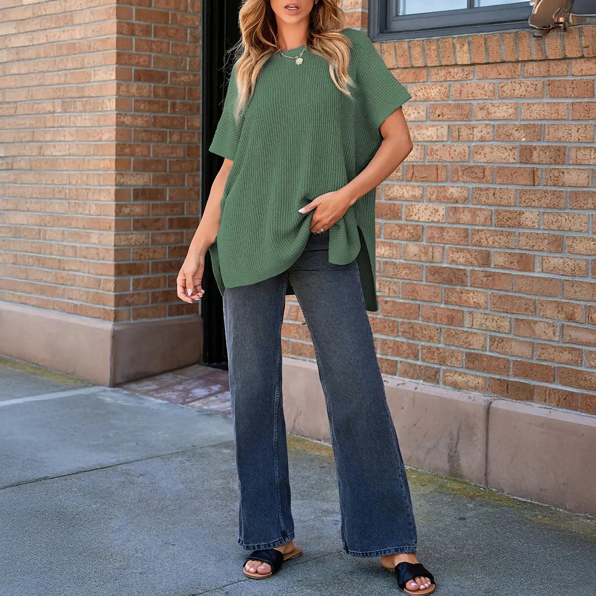 Women’s Crew Neck Short Sleeve Pullover 2026 Spring/Summer Oversized Cozy Ribbed Knit Top