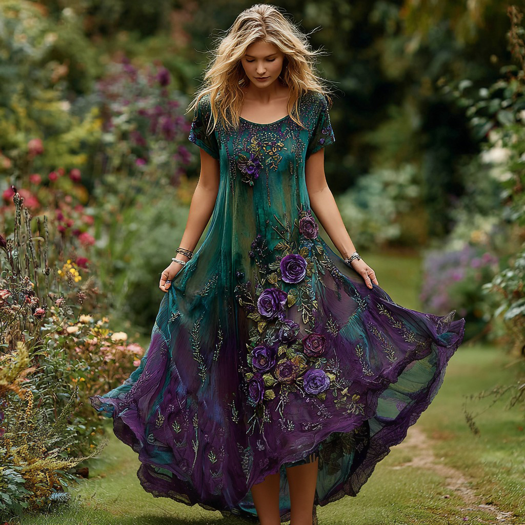 Women's Vintage Floral Embroidery Gradient Pattern Round Neck Dress