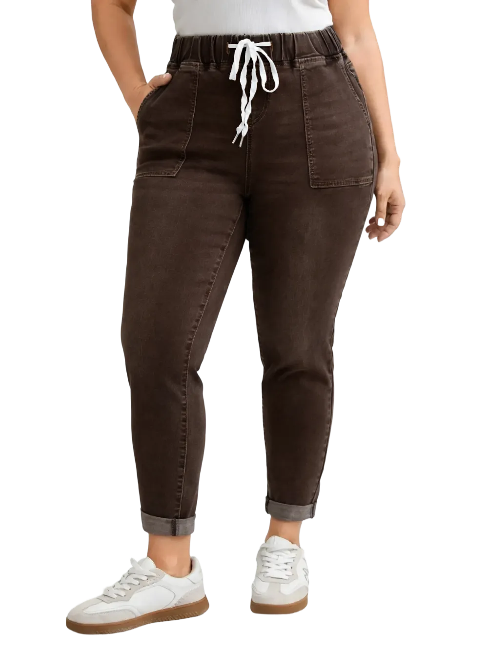 2026 Drawstring Elastic Waist Roll Hem Jeans