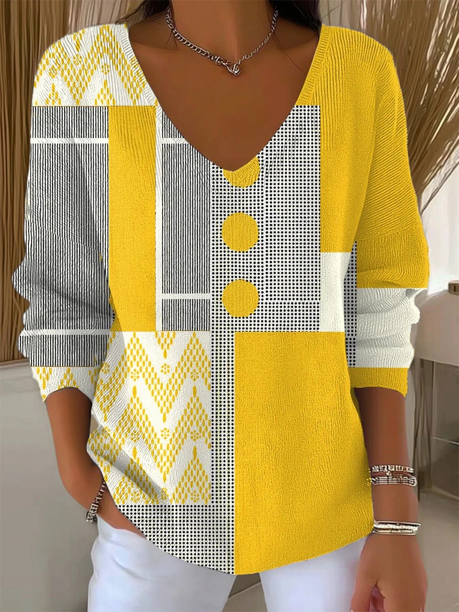 Women's Vintage Abstract Geometric Art Print Casual Peter Pan Collar 3/4 Sleeve Sweater