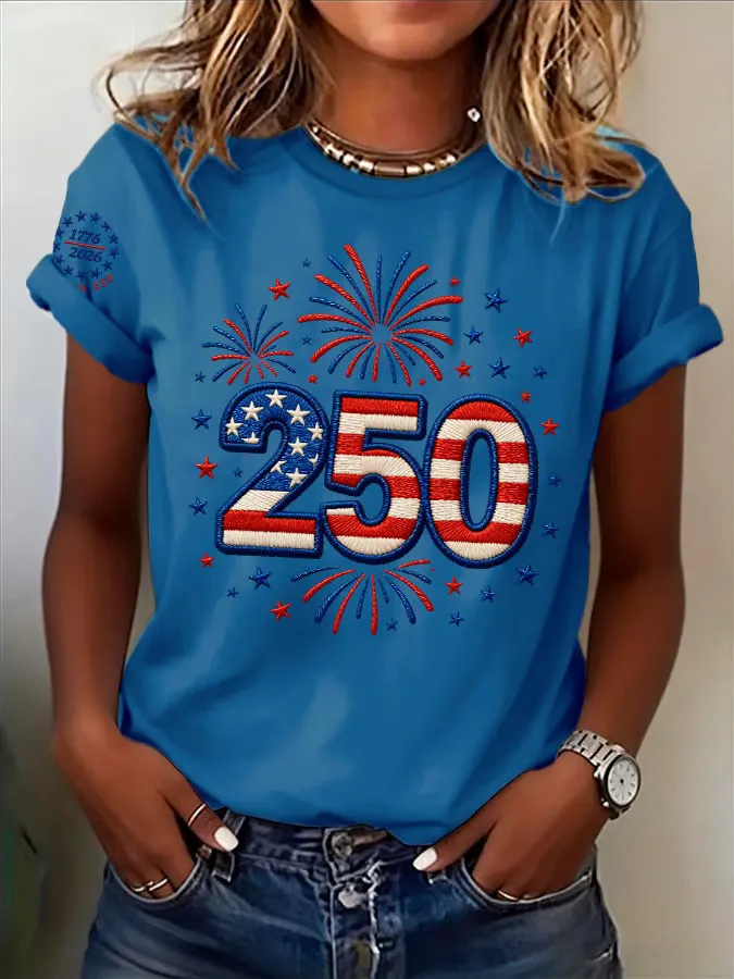 Women'S American Independence Day 250Th Anniversary Printed Round Neck Short Sleeve T-Shirt
