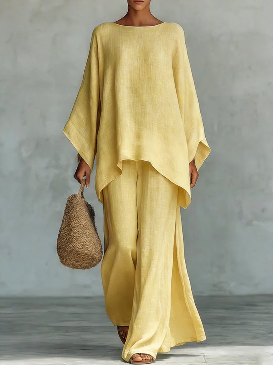 Women's Round Neck Long Sleeve Wide-leg Casual Irregular Hem Two-piece Pants Set