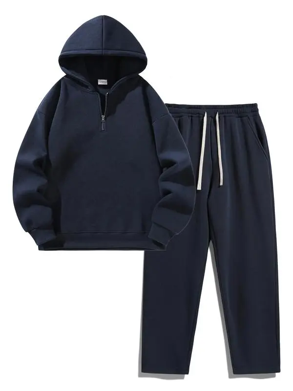 Men's Plain Two-piece Sweatsuit Set, Basic Regular Fit Casual Drop Shoulder Half Zip Hoodie & Pocket Drawstring Sweatpants
