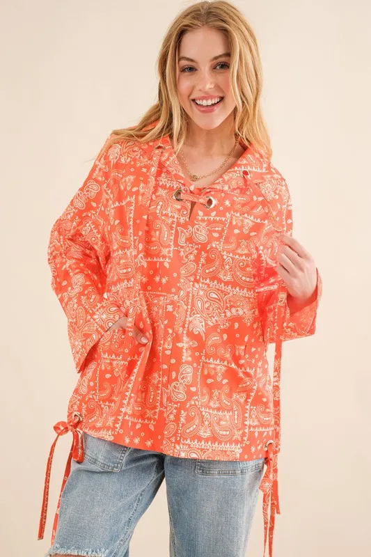 Bandana Pattern Lace Up Detailed Windbreaker