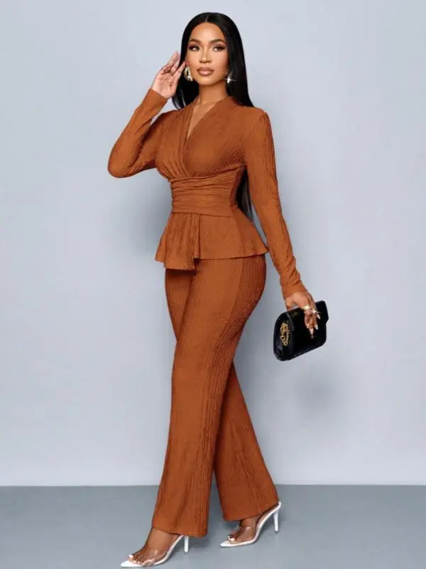 Women's Elegant V Neck Long Sleeve T-Shirt And Wide Leg Pants Two Piece Set