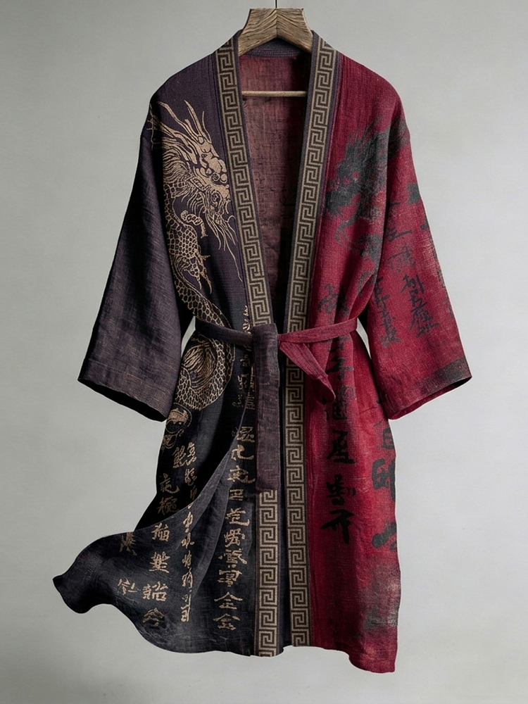 Japanese Calligraphy And Dragon Art Combined In A Linen Blend Kimono