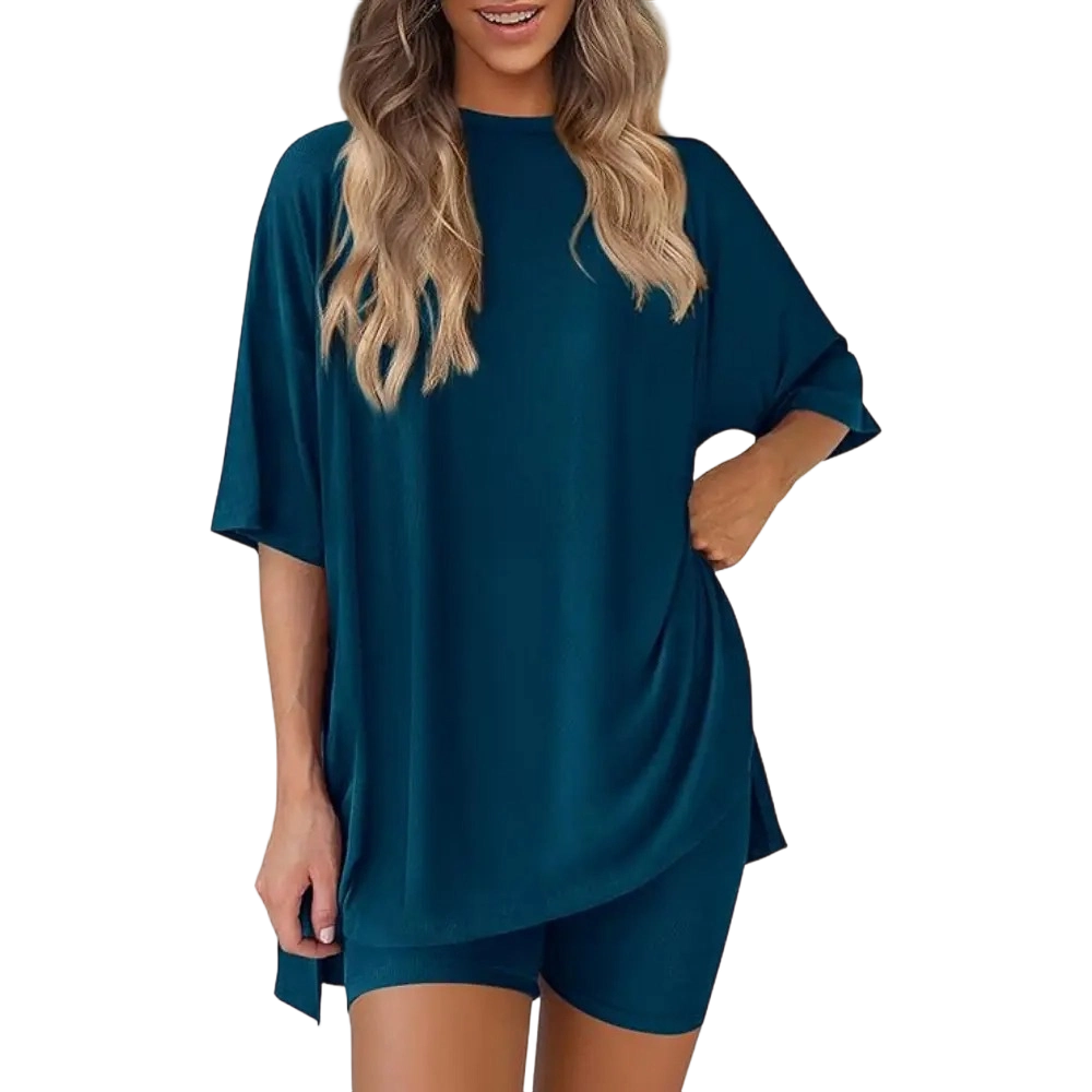 Two-Piece Set For Women Summer Casual Oversized Split Hem Shirts & Side Pocket Biker Shorts Minimalist Lounge Wear Soft Viscose Fabric