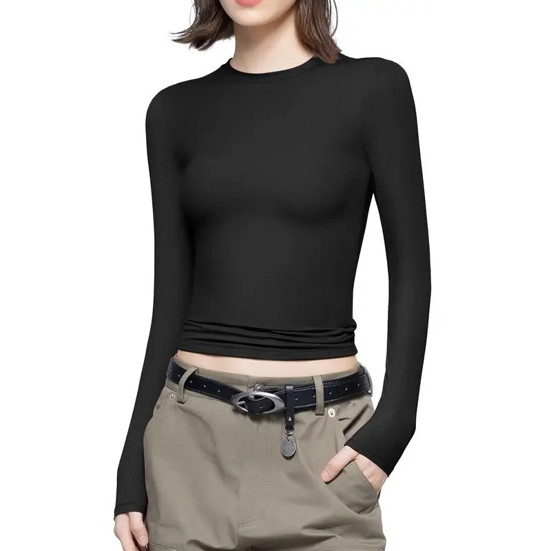 Long Sleeve Basic Tee Women's Crew Neck Slim Fit Tops Streetwear Minimalist Double Layer Compression Tee