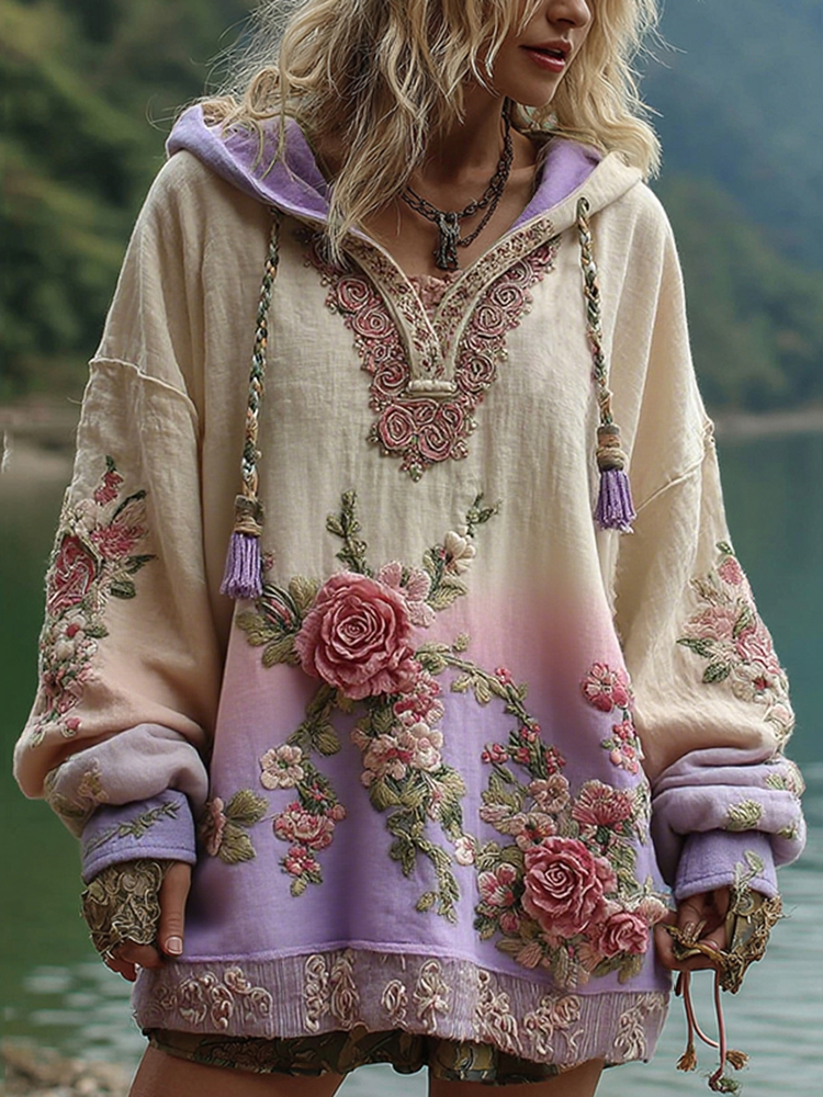 Love & Health Collection Vintage Rose And Floral Art Linen Long Sleeve Hoodie