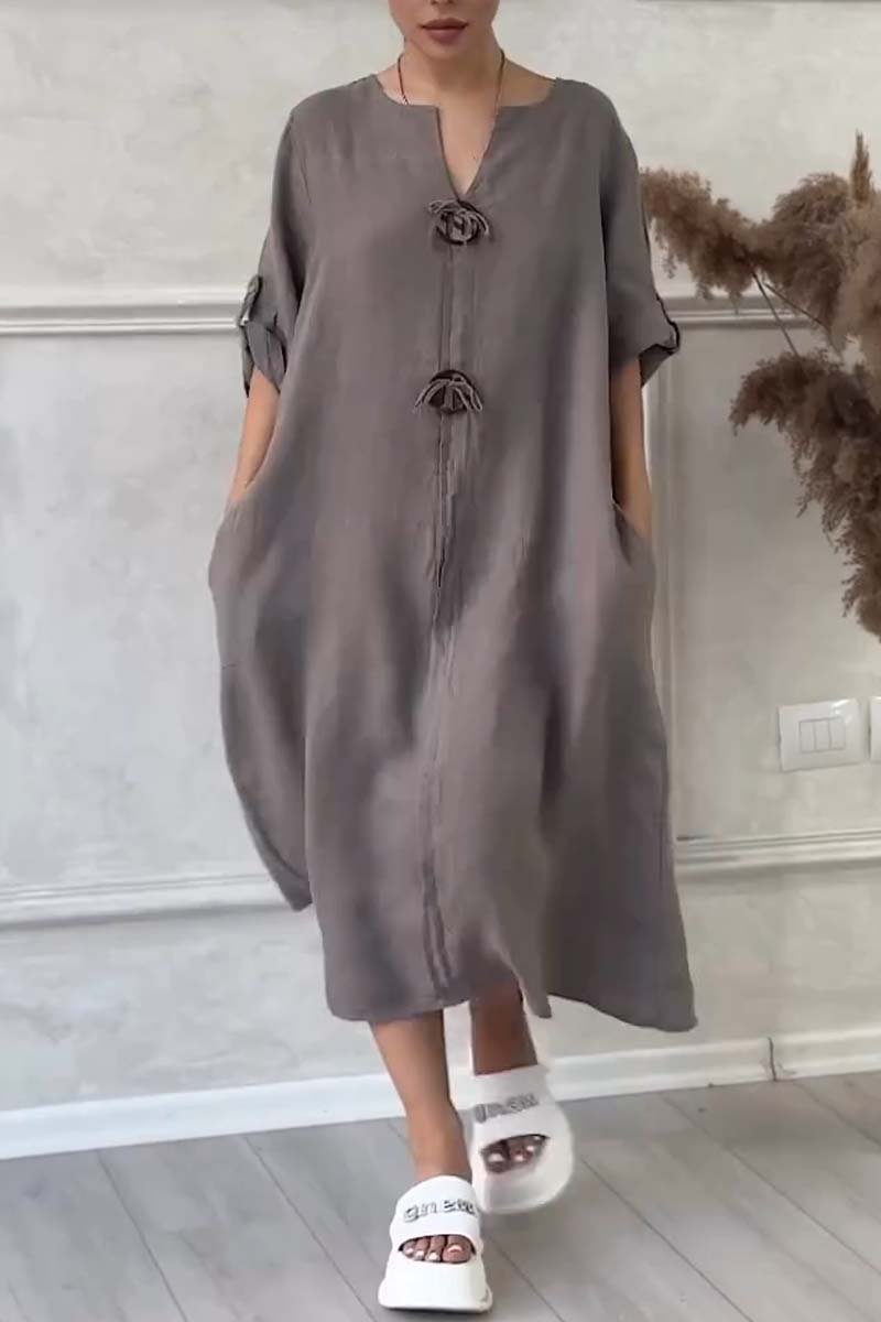 Button embellished cotton and linen dress