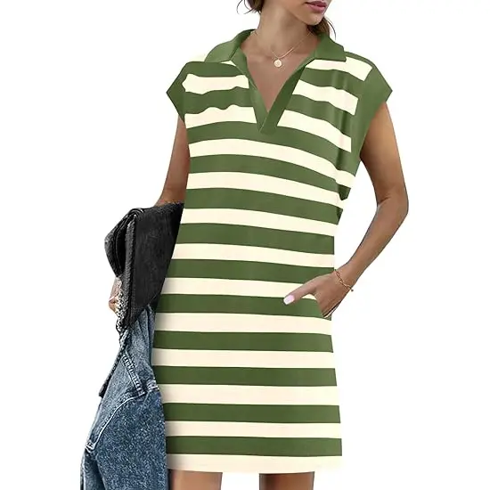 Womens Striped Summer Mini Dress Casual Cap Sleeve Polo V Neck T Shirt Dresses with Pockets