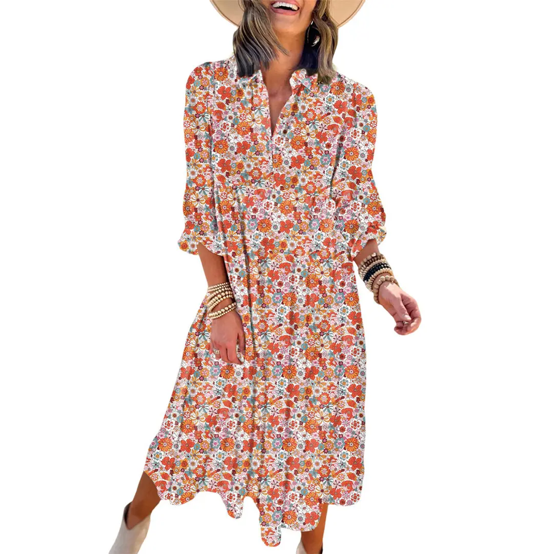 Women's Casual Bohemian Floral Dress 2026 V-Neck Long Puff Sleeve Midi Dress Soft Fabric Comfortable Summer Dress - Womenswear