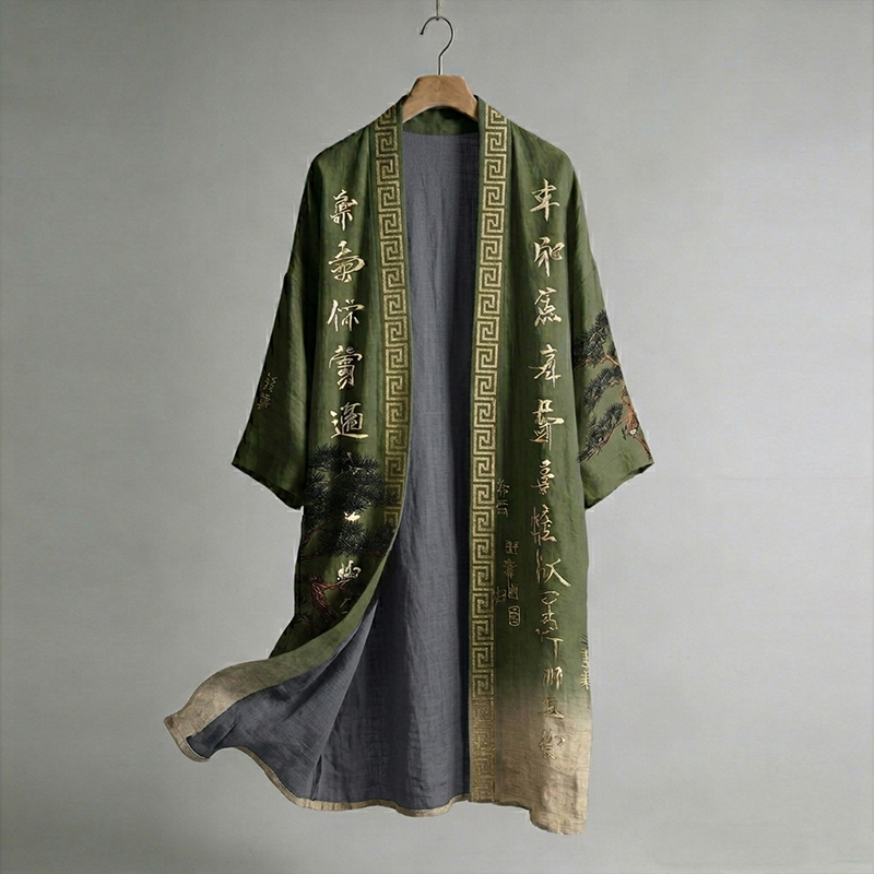 Men's Japanese Pine Tree And Calligraphy Linen Long Kimono