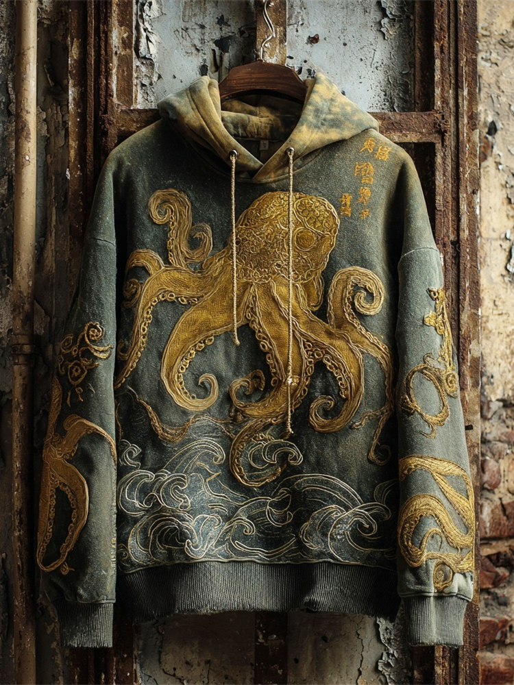 Japanese Ocean Octopus Art Men's Vintage Hoodie