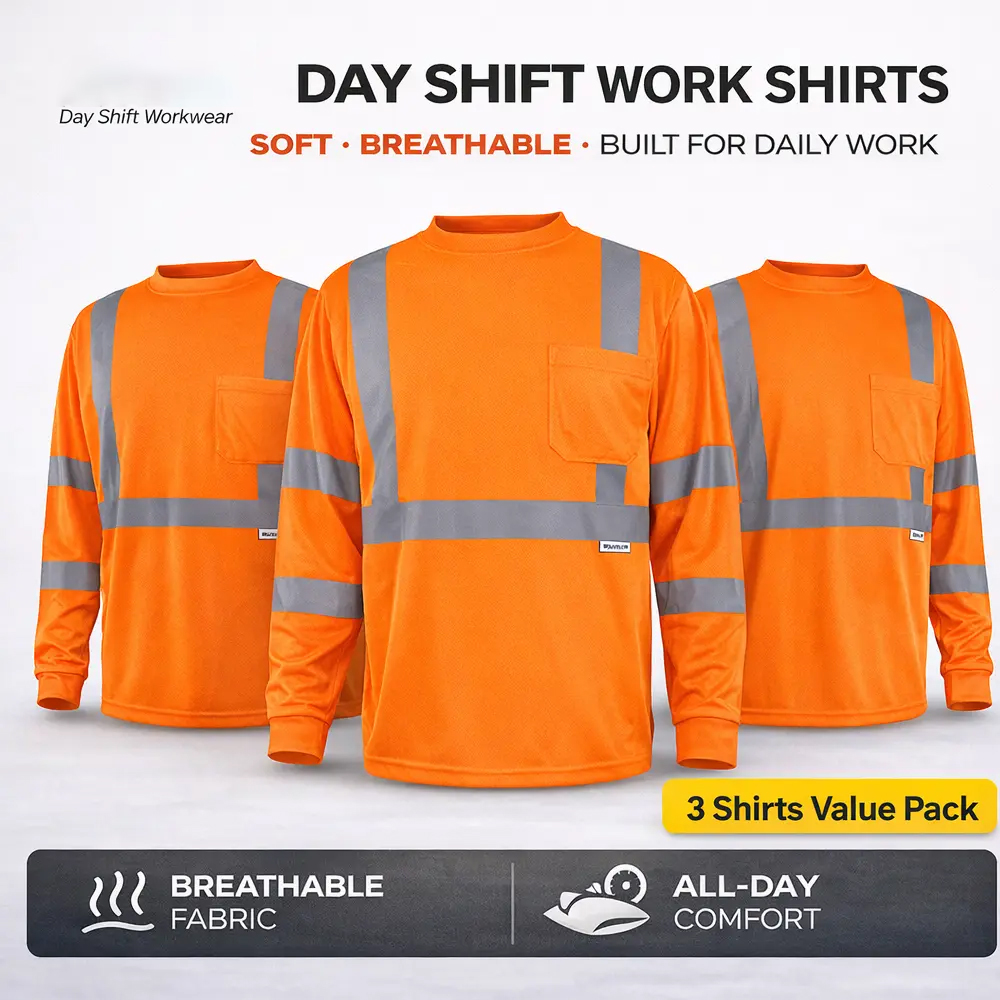 6-Pack Hi-Vis Long Sleeve Work T-Shirts with Pocket (Breathable & Quick-Dry)