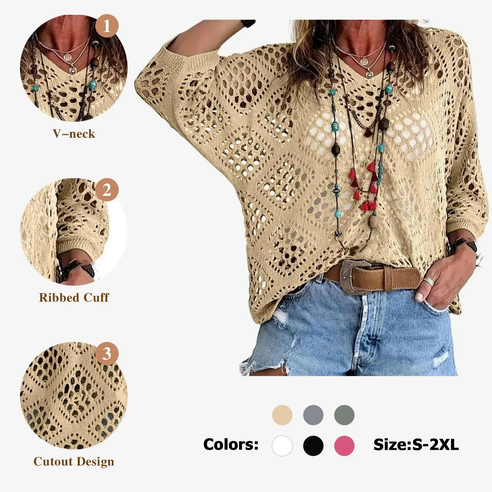 🔥【Stock Up Deals】Women's Bohemian-Inspired Beige Crochet Top with V-Neck