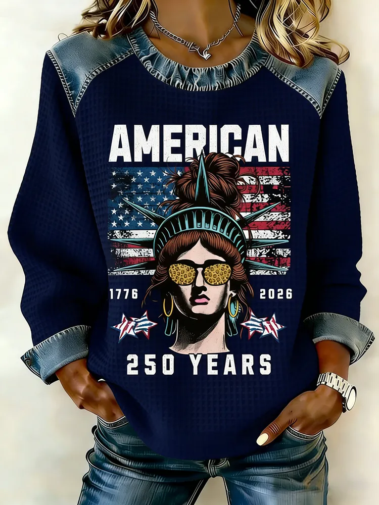 1776-2026 Patriotic American 250 Years Statue Of Liberty Waffle Knit Top