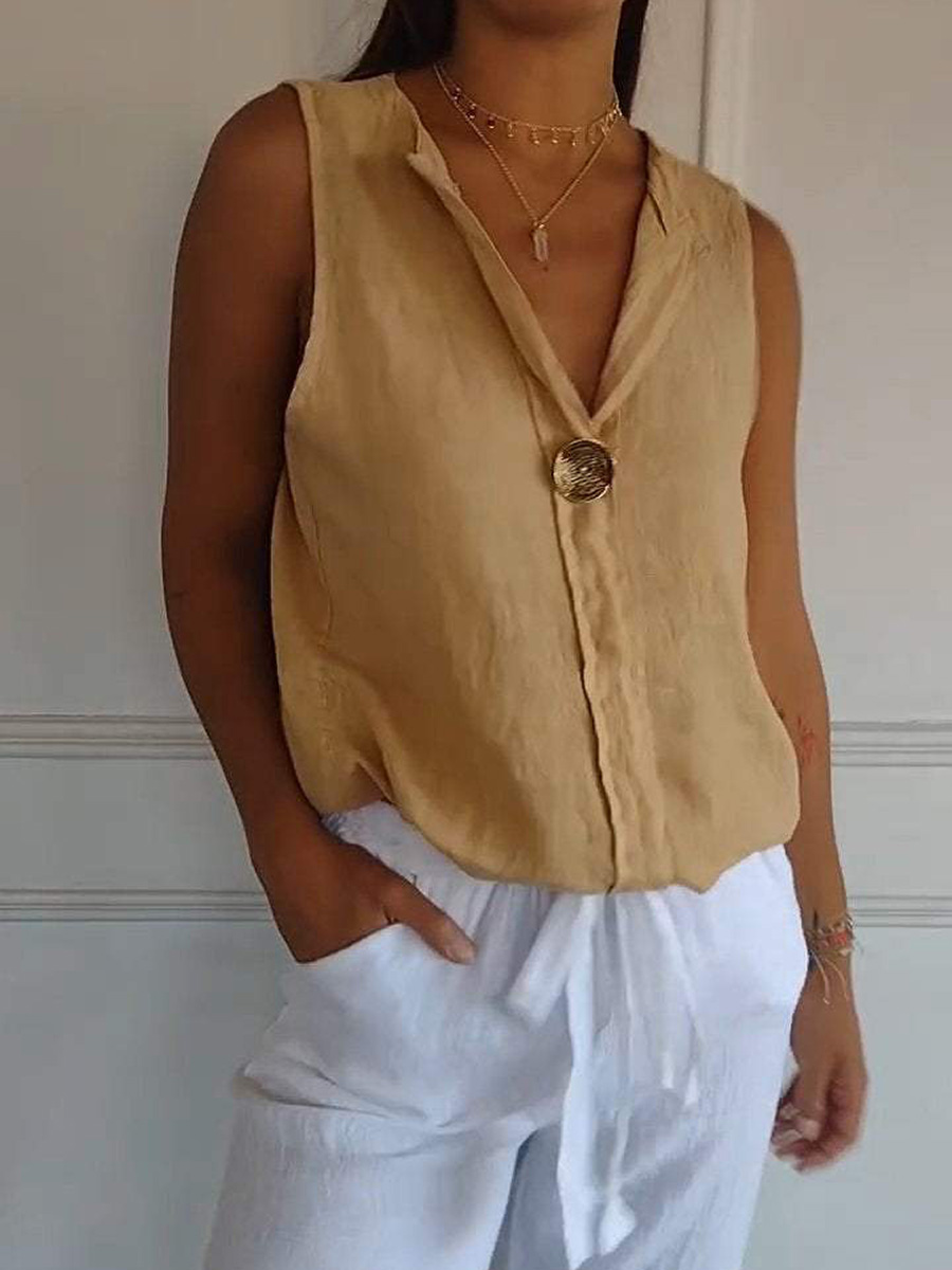 Women's V-Neck Cotton And Linen Sleeveless Casual Summer Shirt