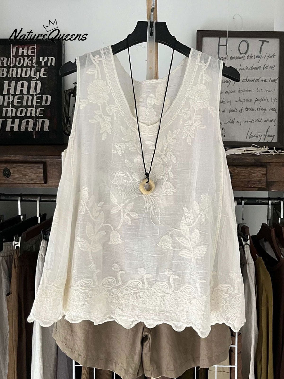 Women's Vintage Lace Sleeveless Cotton And Linen Vest Top