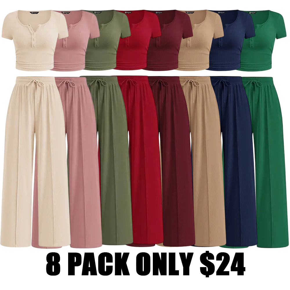 Women's 2-Piece Outfits Summer Ribbed Knit Button Short Sleeve Crop Slim Fit Tops & Wide Leg Pants Lounge Sets