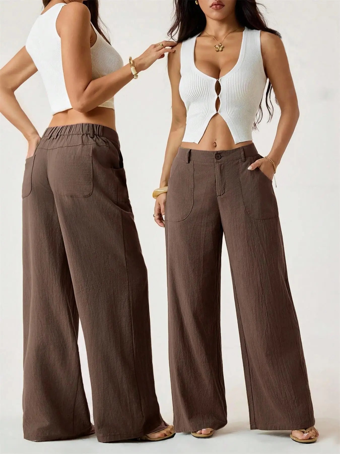 Women's Classical Linen Palazzo Pants Summer Flowy Wide Straight Leg Beach Trousers With Pocket