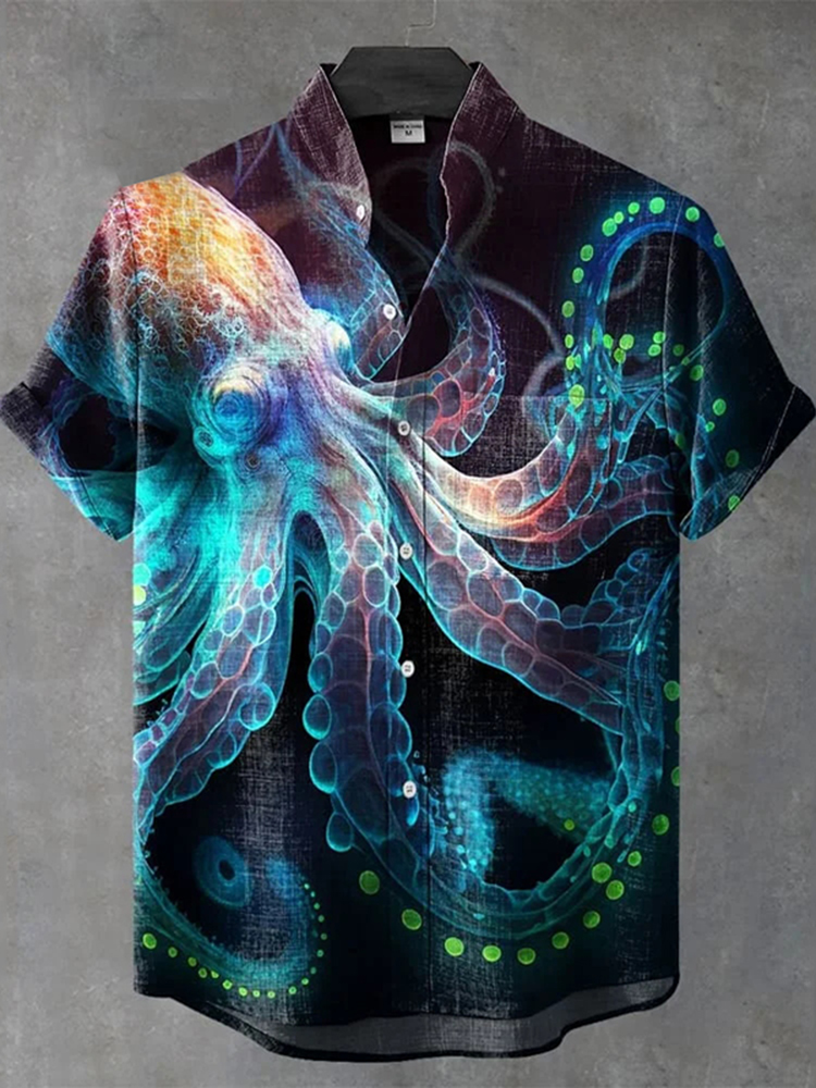 Vintage Fish Octopus Art Print Casual Cotton Shirt
