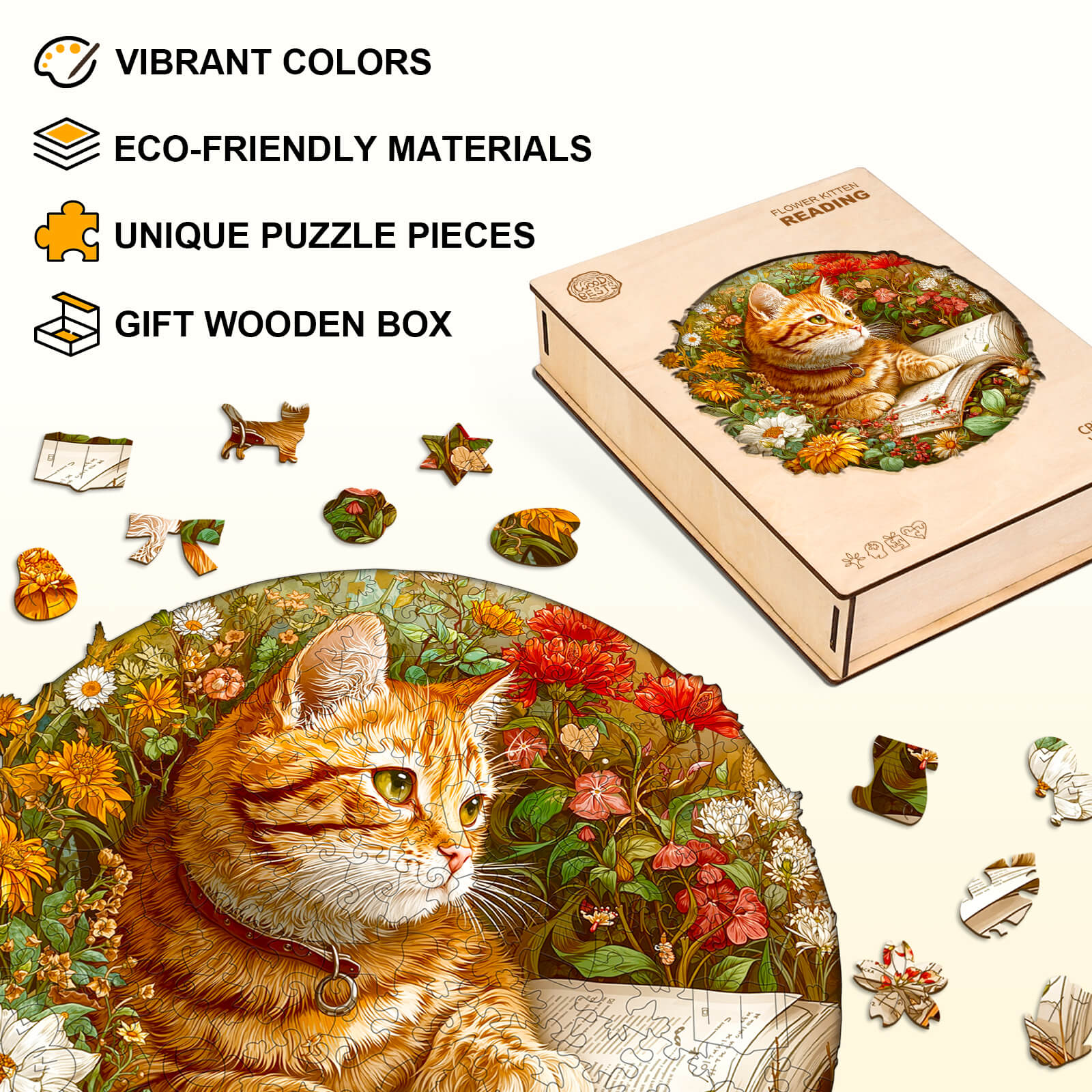 Flower Kitten Reading Wooden Jigsaw Puzzle