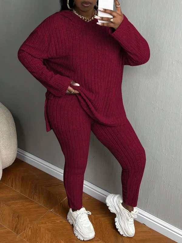 Plus Size Women’s Ribbed Hoodie & Pants Set – Cozy Casual Fall & Winter Outfit