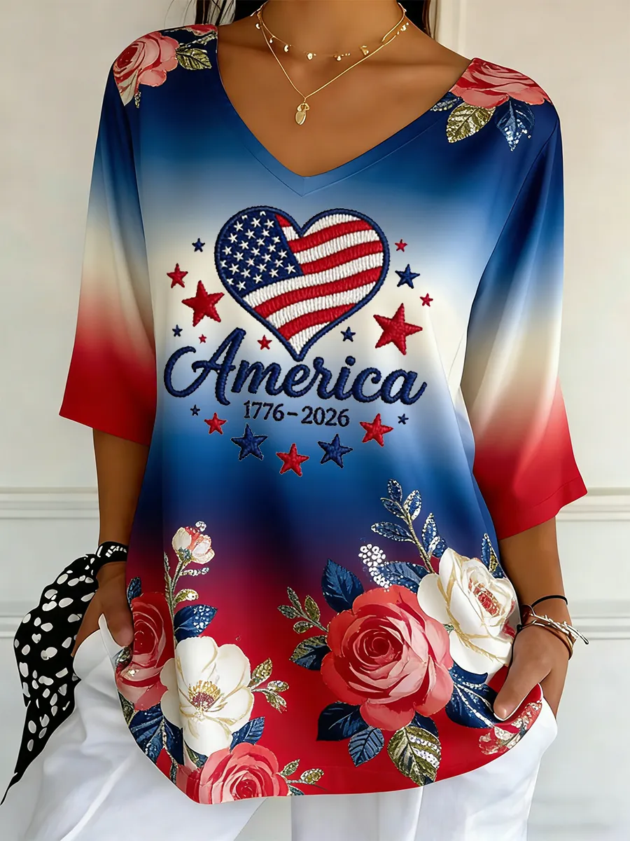 America 1776-2026 American Flag Heart Gradient V-Neck Top