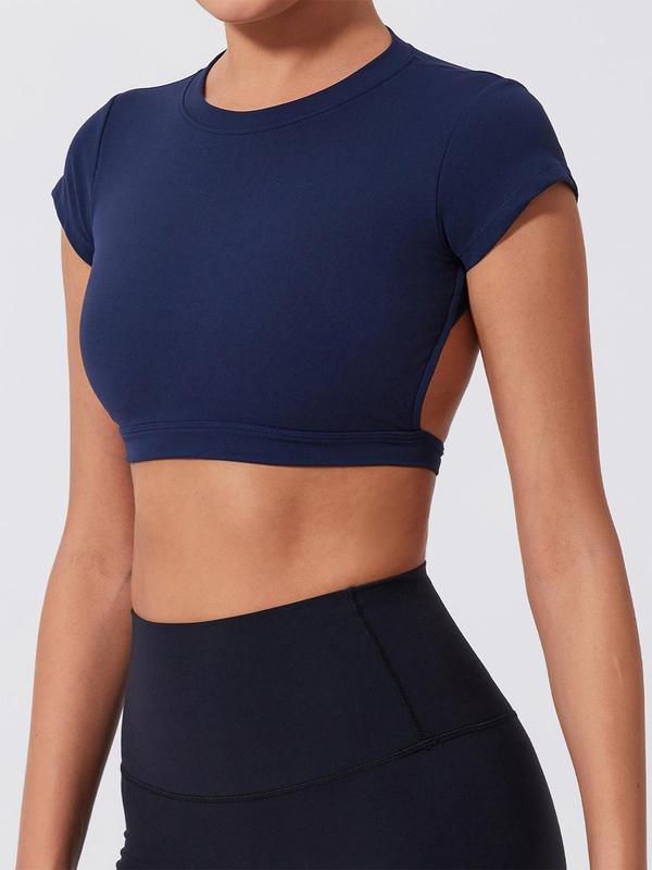 Women’s Backless Crop Gym Top — Short Sleeve Active Tee