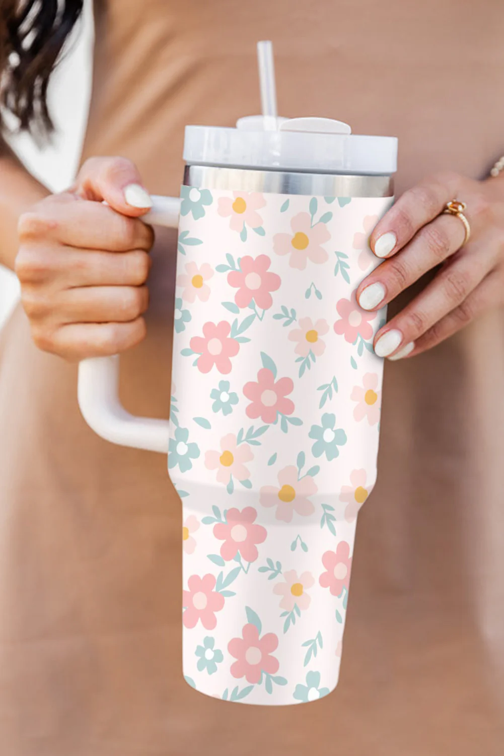 White Floral Leaves Print Stainless Large Portable Cup 40oz