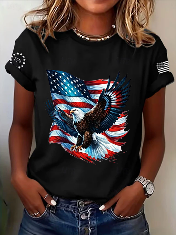 Women's Short Sleeve T-shirt Summer Blue Independence Day (Flag) Printing Jersey Crew Neck Daily Going Out Casual Top