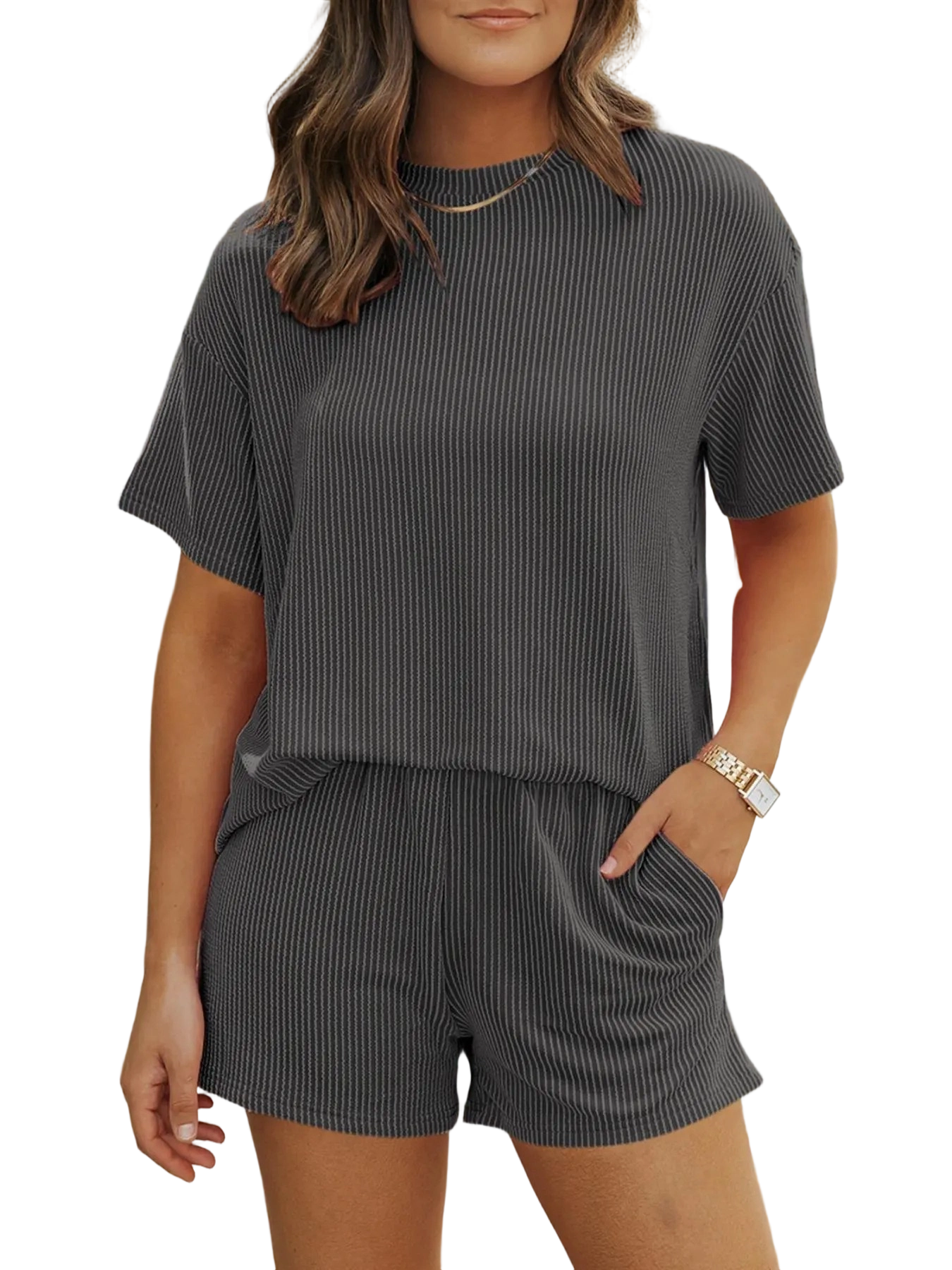 Women's Solid Twisted Ribbed Knit Textured Pocket Shorts Set, Casual Short Sleeve T-shirt & Elastic Waist Shorts