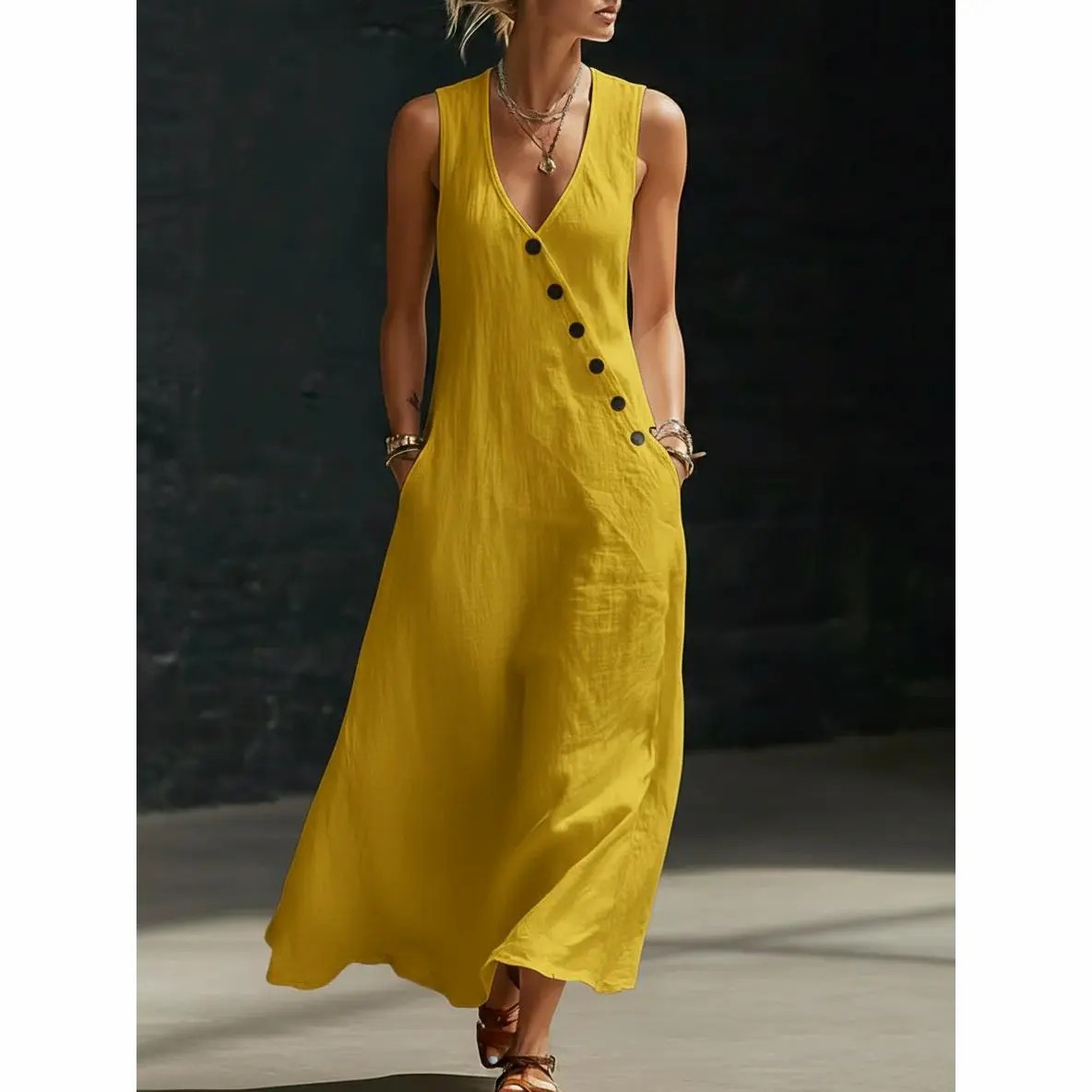 🔥Easter Sale!!Women’s Sleeveless Linen Maxi Dress – V-Neck Button Detail with Pockets