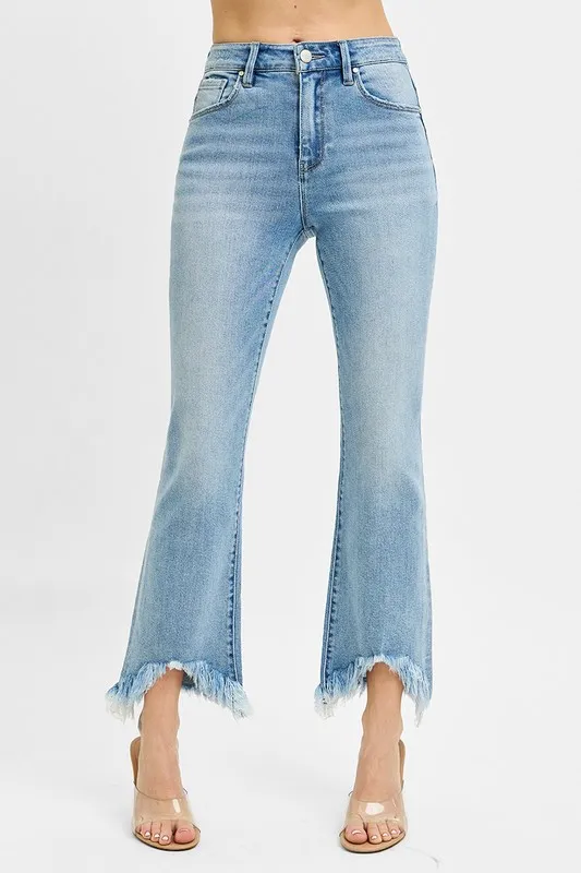 High Rise Crop Bootcut Fray Hem Jeans